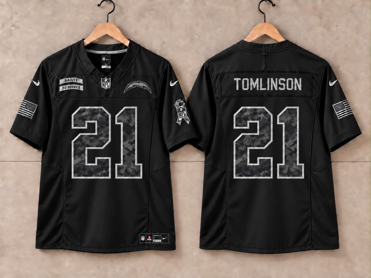 SAN DIEGO CHARGERS LADAINIAN TOMLINSON BLACK SALUTE TO SERVICE JERSEY