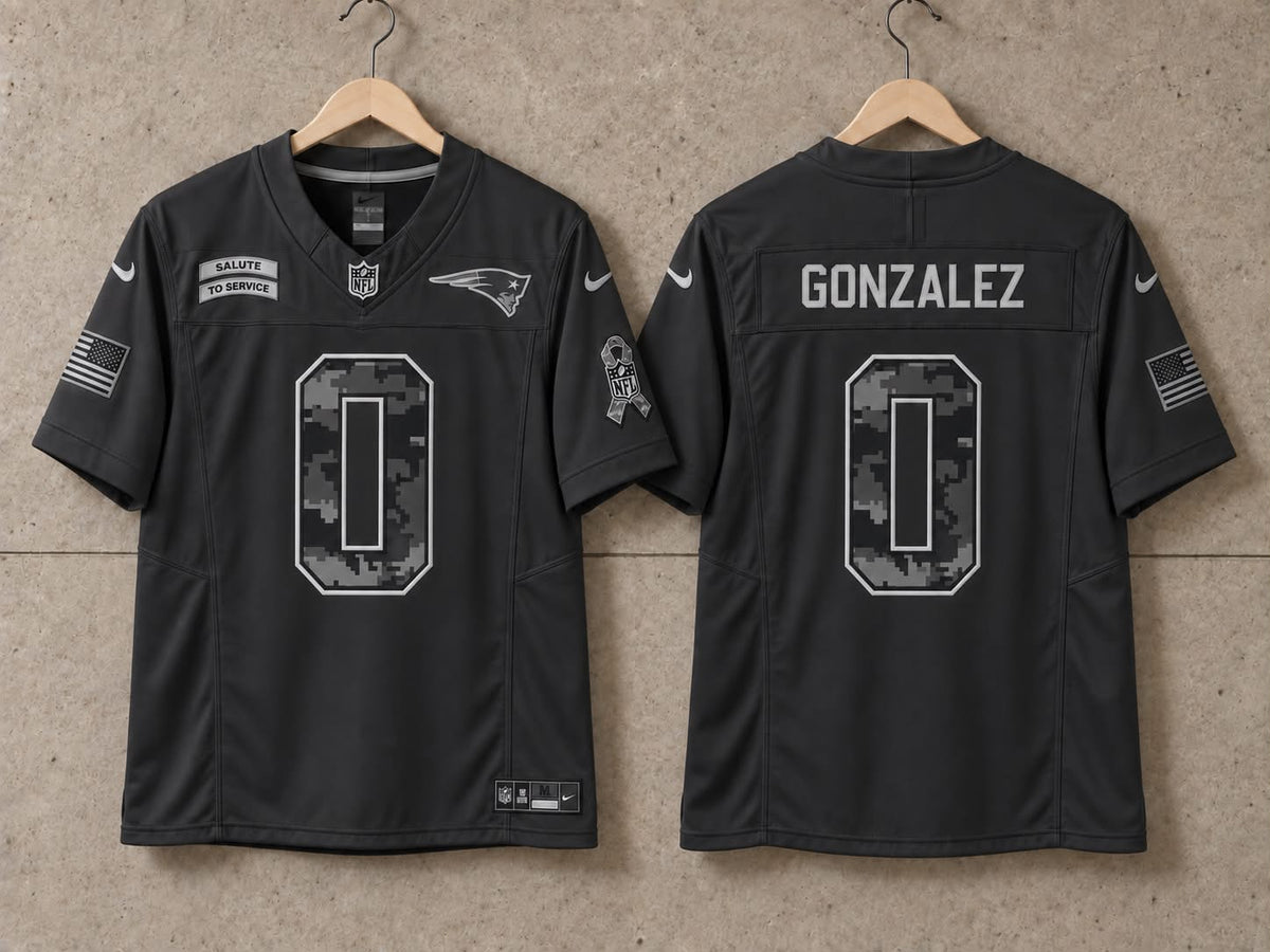 NEW ENGLAND PATRIOTS CHRISTIAN GONZALEZ BLACK SALUTE TO SERVICE JERSEY