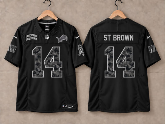 DETROIT LIONS AMON RA ST BROWN BLACK SALUTE TO SERVICE JERSEY