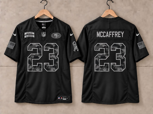 SAN FRANCISCO 49ERS CHRISTIAN MCCAFFREY BLACK SALUTE TO SERVICE JERSEY